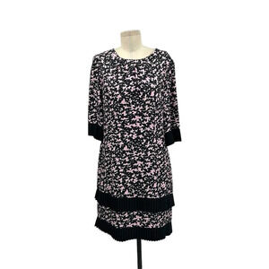 MILLY Pink‎ Black Floral Printed Pleat Ruffle Silk Shift Dress Size 12